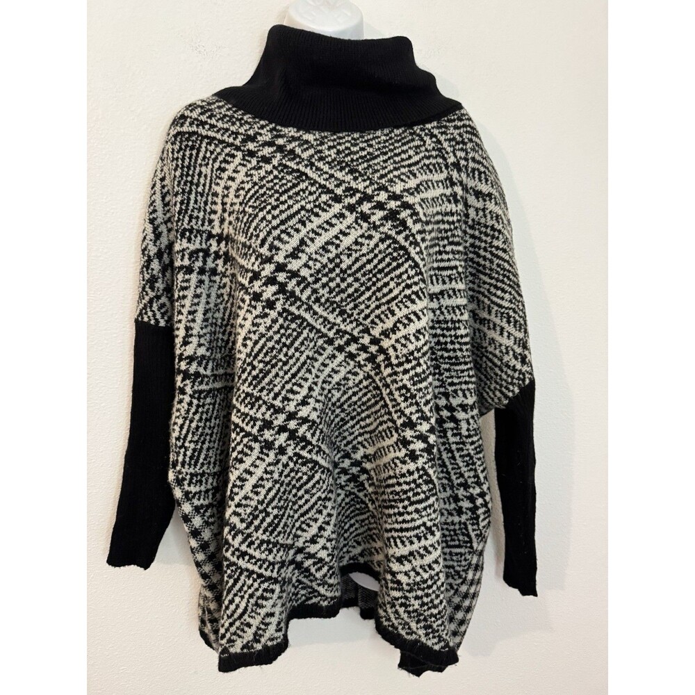 Joseph A Sweater Turtleneck Oversized Boxy Black White Plaid Check Boho Size M